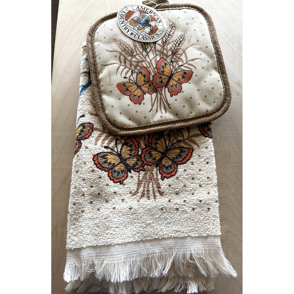 Vtg Franco 1980s Butterflies Kitchen Towel Potholder Set NWT Orange Brown Wheat